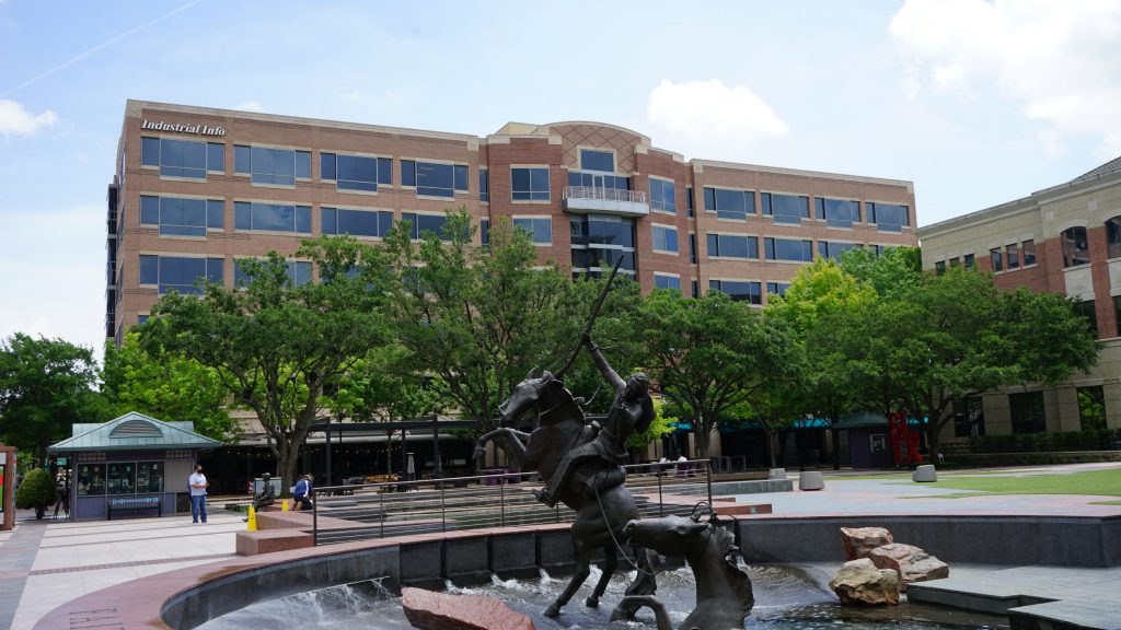 The Plaza Drive building view from City Hall Plaza in Sugar Land Town Square