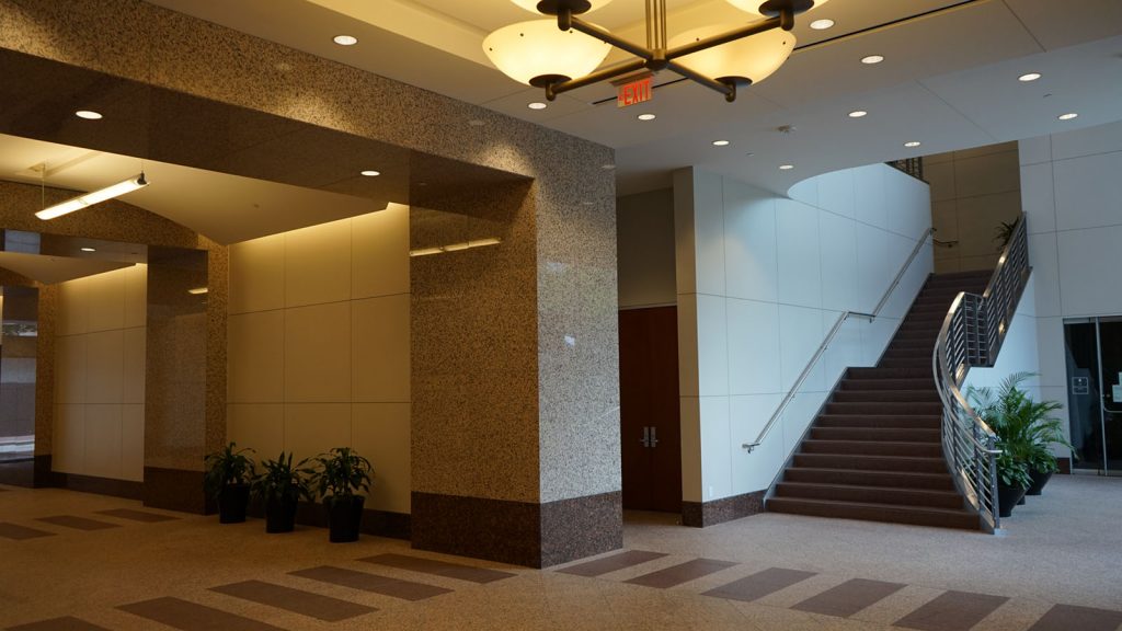 Lobby view of the Texas Drive building, an office over retail property in Sugar Land Town Square