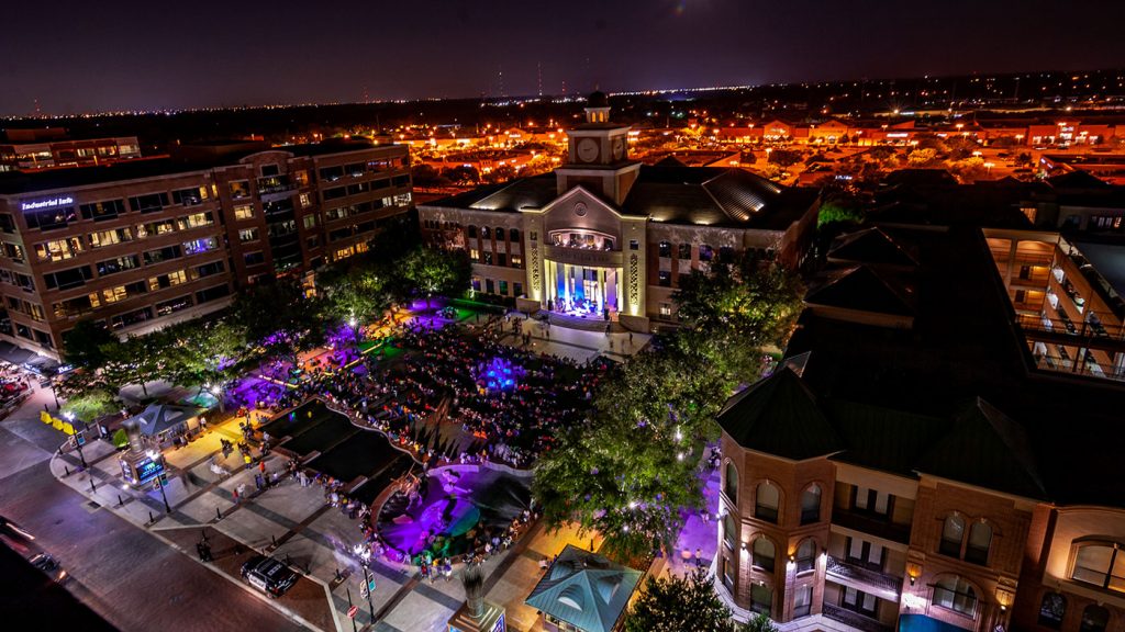 Sugar Land Town Square | Aerial view of the Plaza during an evening event.