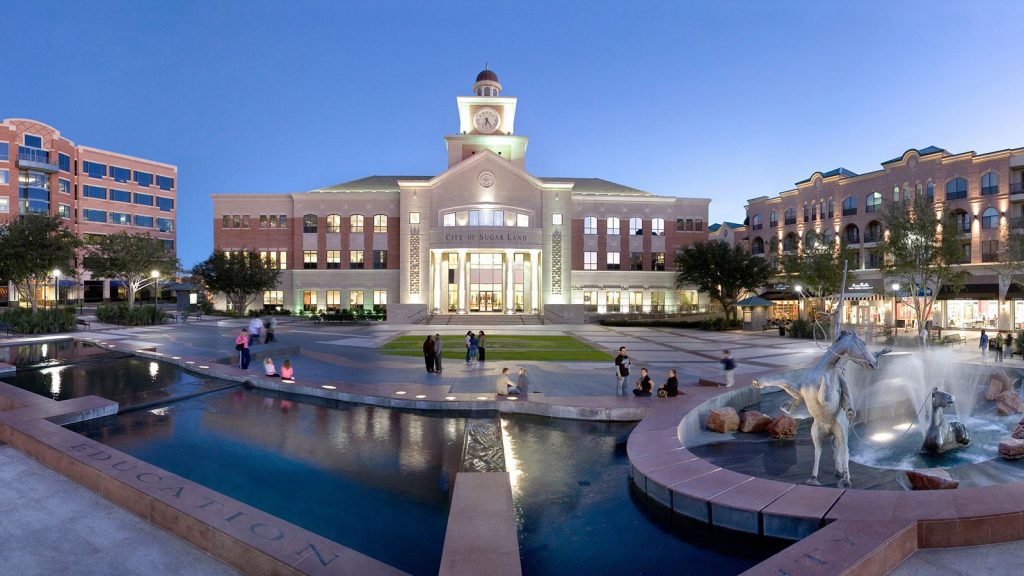 City Hall in Sugar Land Town Square at dusk