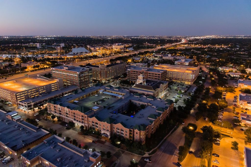 Aerial View of Sugar Land Town Square with City Plaza Condos in the foreground